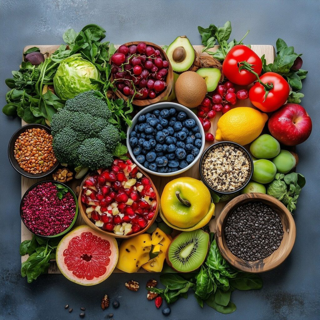 Plateau de fruits et légumes frais, parfaits pour une alimentation saine et équilibrée.