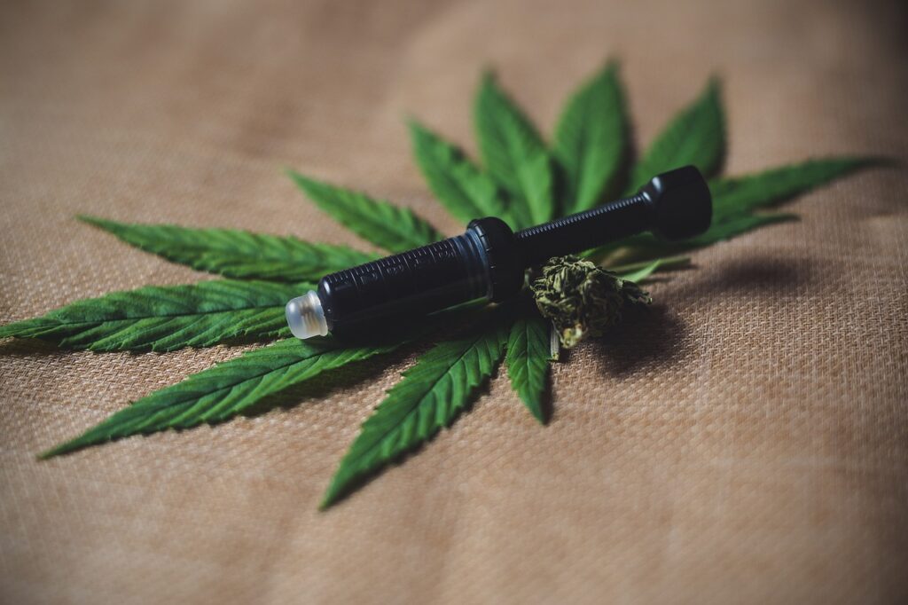 Flacon d’huile de CBD accompagné de feuilles de chanvre.